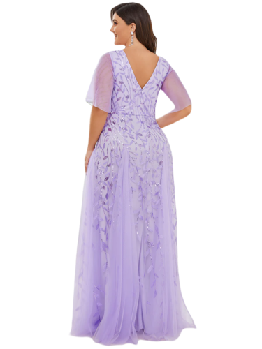 Vestido Elegante de Fiesta Largo Lila Violeta para Mujer con Lentejuela Sirena Cuello V Manga Corta T Ch a Talla Extra