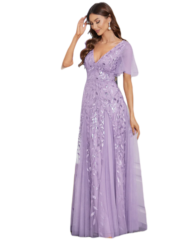 Vestido Elegante de Fiesta Largo Lila Violeta para Mujer con Lentejuela Sirena Cuello V Manga Corta T Ch a Talla Extra