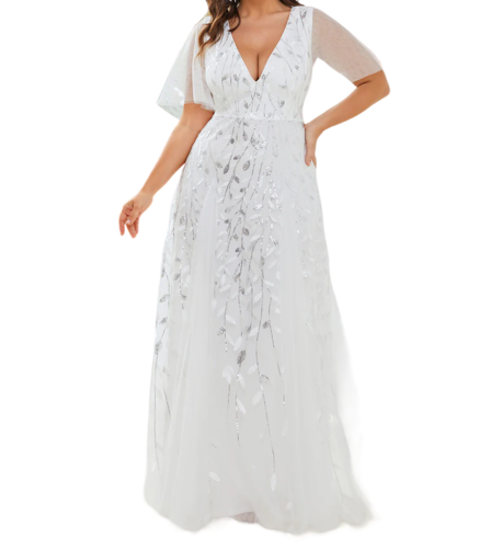 Vestido Elegante de Fiesta Largo Blanco Novia para Mujer con Lentejuela Sirena Cuello V Manga Corta T Ch a Talla Extra
