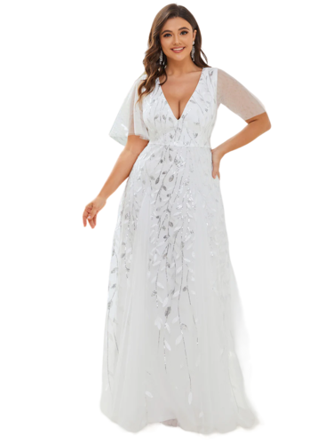 Vestido Elegante de Fiesta Largo Blanco Novia para Mujer con Lentejuela Sirena Cuello V Manga Corta T Ch a Talla Extra