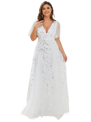 Vestido Elegante de Fiesta Largo Blanco Novia para Mujer con Lentejuela Sirena Cuello V Manga Corta T Ch a Talla Extra