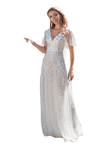 Vestido Elegante de Fiesta Largo Blanco Novia para Mujer con Lentejuela Sirena Cuello V Manga Corta T Ch a Talla Extra