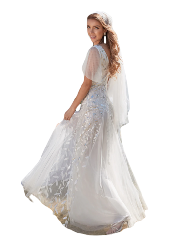 Vestido Elegante de Fiesta Largo Blanco Novia para Mujer con Lentejuela Sirena Cuello V Manga Corta T Ch a Talla Extra