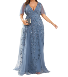 Vestido Elegante de Fiesta Largo Azul Acero para Mujer con Lentejuela Sirena Cuello V Manga Corta T Ch a Talla Extra