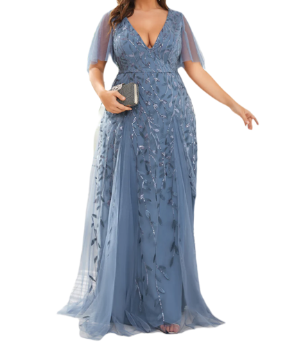 Vestido Elegante de Fiesta Largo Azul Acero para Mujer con Lentejuela Sirena Cuello V Manga Corta T Ch a Talla Extra
