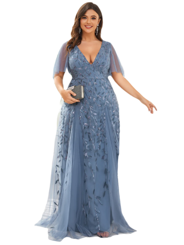 Vestido Elegante de Fiesta Largo Azul Acero para Mujer con Lentejuela Sirena Cuello V Manga Corta T Ch a Talla Extra