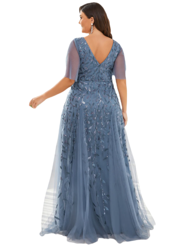 Vestido Elegante de Fiesta Largo Azul Acero para Mujer con Lentejuela Sirena Cuello V Manga Corta T Ch a Talla Extra