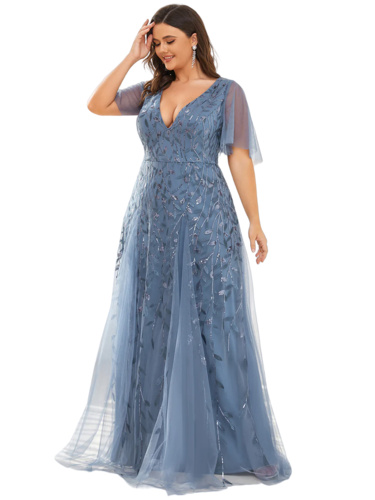Vestido Elegante de Fiesta Largo Azul Acero para Mujer con Lentejuela Sirena Cuello V Manga Corta T Ch a Talla Extra