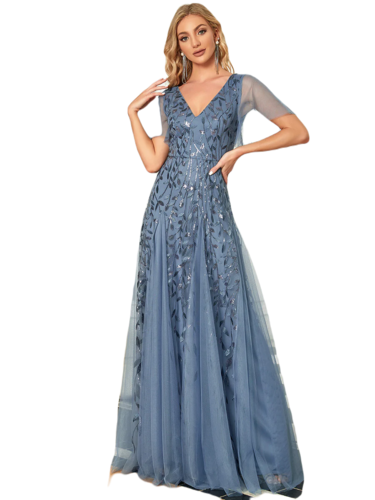 Vestido Elegante de Fiesta Largo Azul Acero para Mujer con Lentejuela Sirena Cuello V Manga Corta T Ch a Talla Extra