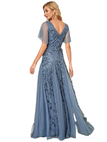 Vestido Elegante de Fiesta Largo Azul Acero para Mujer con Lentejuela Sirena Cuello V Manga Corta T Ch a Talla Extra