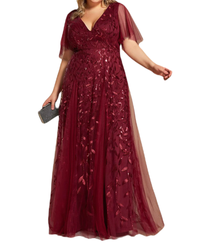 Vestido Elegante de Fiesta Largo Guinda Vino para Mujer con Lentejuela Sirena Cuello V Manga Corta T Ch a Talla Extra