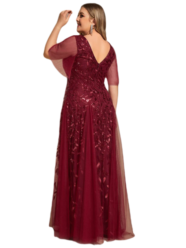 Vestido Elegante de Fiesta Largo Guinda Vino para Mujer con Lentejuela Sirena Cuello V Manga Corta T Ch a Talla Extra