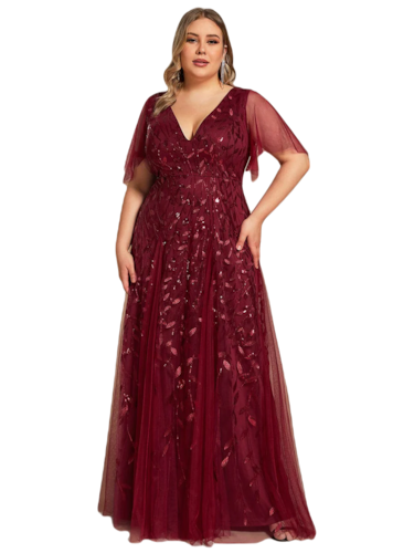 Vestido Elegante de Fiesta Largo Guinda Vino para Mujer con Lentejuela Sirena Cuello V Manga Corta T Ch a Talla Extra
