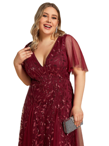 Vestido Elegante de Fiesta Largo Guinda Vino para Mujer con Lentejuela Sirena Cuello V Manga Corta T Ch a Talla Extra
