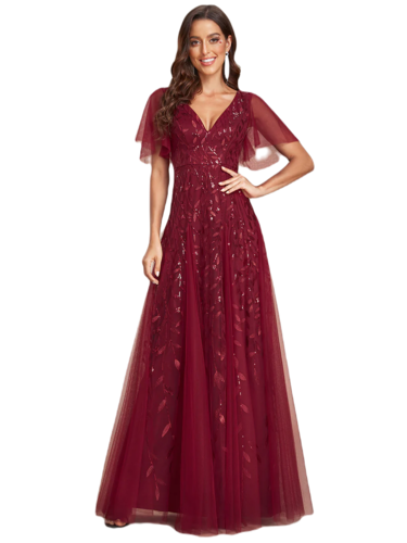 Vestido Elegante de Fiesta Largo Guinda Vino para Mujer con Lentejuela Sirena Cuello V Manga Corta T Ch a Talla Extra