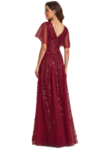 Vestido Elegante de Fiesta Largo Guinda Vino para Mujer con Lentejuela Sirena Cuello V Manga Corta T Ch a Talla Extra