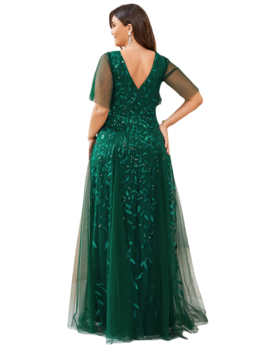 Vestido Elegante de Fiesta Largo Verde Esmeralda para Mujer con Lentejuela Sirena Cuello V Manga Corta T Ch a Talla Extra