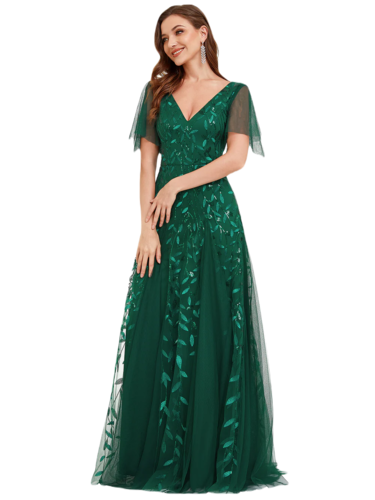 Vestido Elegante de Fiesta Largo Verde Esmeralda para Mujer con Lentejuela Sirena Cuello V Manga Corta T Ch a Talla Extra