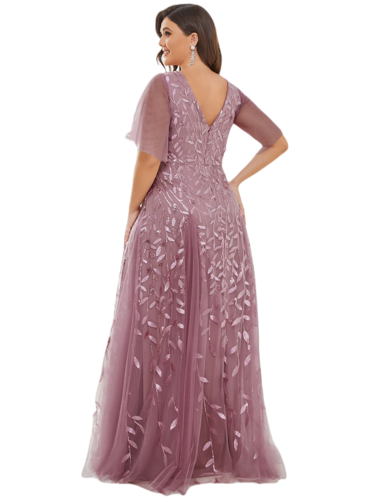Vestido Elegante de Fiesta Largo Mauve Magenta para Mujer con Lentejuela Sirena Cuello V Manga Corta T Ch a Talla Extra