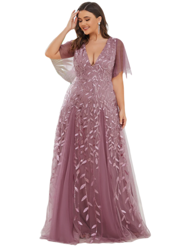 Vestido Elegante de Fiesta Largo Mauve Magenta para Mujer con Lentejuela Sirena Cuello V Manga Corta T Ch a Talla Extra