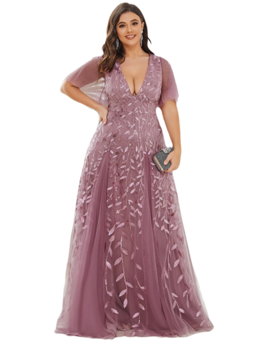 Vestido Elegante de Fiesta Largo Mauve Magenta para Mujer con Lentejuela Sirena Cuello V Manga Corta T Ch a Talla Extra