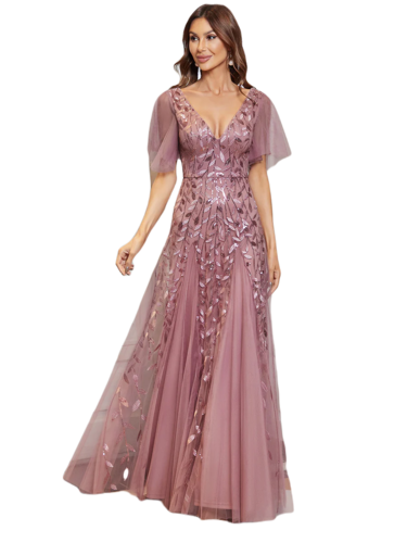 Vestido Elegante de Fiesta Largo Mauve Magenta para Mujer con Lentejuela Sirena Cuello V Manga Corta T Ch a Talla Extra
