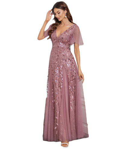Vestido Elegante de Fiesta Largo Mauve Magenta para Mujer con Lentejuela Sirena Cuello V Manga Corta T Ch a Talla Extra
