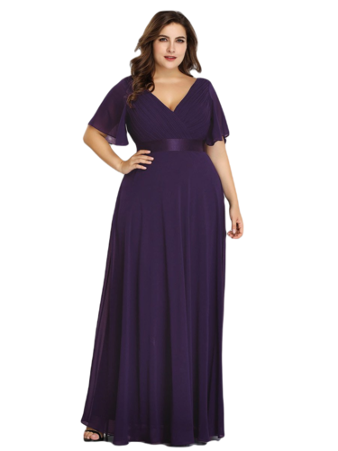 Vestido Elegante de Fiesta Largo Morado Uva para Mujer Manga Ancha Cuello V T Ch a Talla Extra