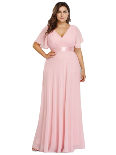Vestido Elegante de Fiesta Largo Rosa Palo para Mujer Manga Ancha Cuello V T Ch a Talla Extra