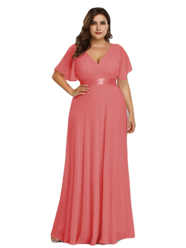 Vestido Elegante de Fiesta Largo Coral Naranja para Mujer Manga Ancha Cuello V T Ch a Talla Extra