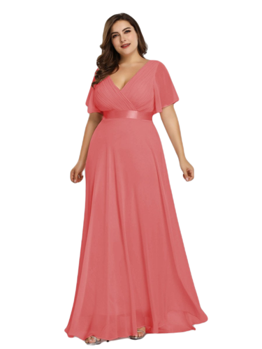 Vestido Elegante de Fiesta Largo Coral Naranja para Mujer Manga Ancha Cuello V T Ch a Talla Extra