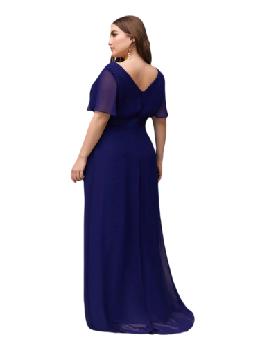 Vestido Elegante de Fiesta Largo Azul Rey Dark para Mujer Manga Ancha Cuello V T Ch a Talla Extra	