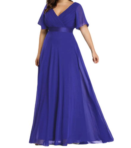 Vestido Elegante de Fiesta Largo Azul Rey para Mujer Manga Ancha Cuello V T Ch a Talla Extra	