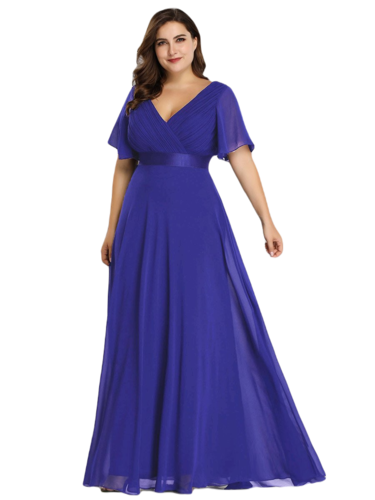 Vestido Elegante de Fiesta Largo Azul Rey para Mujer Manga Ancha Cuello V T Ch a Talla Extra	