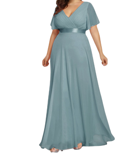 Vestido Elegante de Fiesta Largo Turquesa Dusty para Mujer Manga Ancha Cuello V T Ch a Talla Extra	