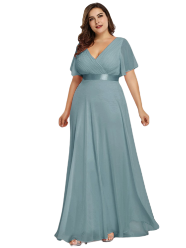 Vestido Elegante de Fiesta Largo Turquesa Dusty para Mujer Manga Ancha Cuello V T Ch a Talla Extra	