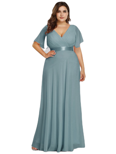 Vestido Elegante de Fiesta Largo Turquesa Dusty para Mujer Manga Ancha Cuello V T Ch a Talla Extra	