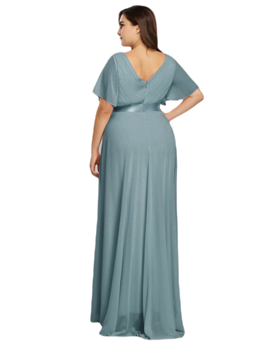 Vestido Elegante de Fiesta Largo Turquesa Dusty para Mujer Manga Ancha Cuello V T Ch a Talla Extra	