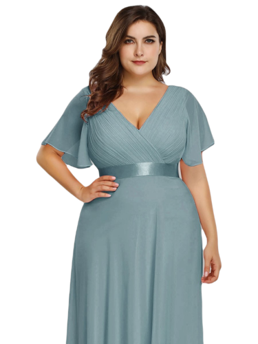 Vestido Elegante de Fiesta Largo Turquesa Dusty para Mujer Manga Ancha Cuello V T Ch a Talla Extra	