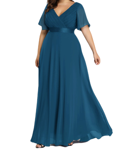 Vestido Elegante de Fiesta Largo Azul Petróleo para Mujer Manga Ancha Cuello V T Ch a Talla Extra	