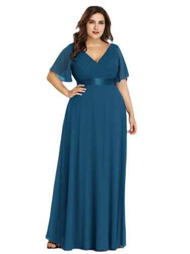 Vestido Elegante de Fiesta Largo Azul Petróleo para Mujer Manga Ancha Cuello V T Ch a Talla Extra	