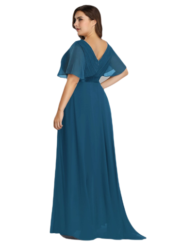 Vestido Elegante de Fiesta Largo Azul Petróleo para Mujer Manga Ancha Cuello V T Ch a Talla Extra	