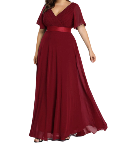 Vestido Elegante de Fiesta Largo Guinda Vino para Mujer Manga Ancha Cuello V  T Ch a Talla Extra