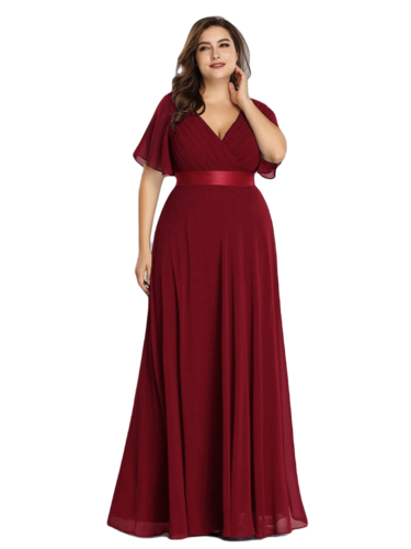 Vestido Elegante de Fiesta Largo Guinda Vino para Mujer Manga Ancha Cuello V  T Ch a Talla Extra