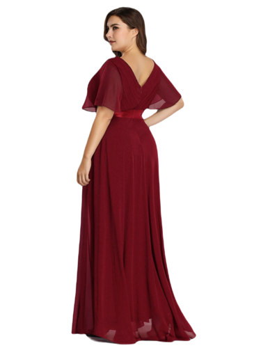 Vestido Elegante de Fiesta Largo Guinda Vino para Mujer Manga Ancha Cuello V  T Ch a Talla Extra