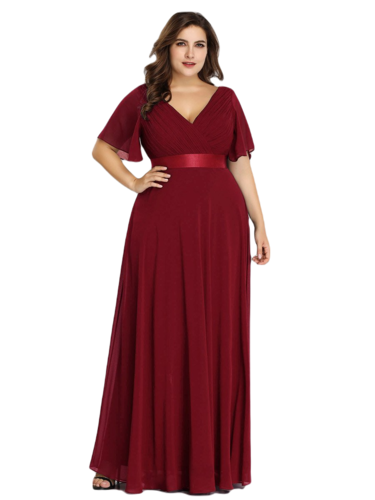 Vestido Elegante de Fiesta Largo Guinda Vino para Mujer Manga Ancha Cuello V  T Ch a Talla Extra