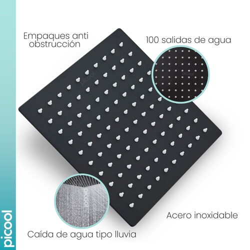 Regadera Cuadrada Tipo Lluvia Negro Mate Con Tubo 40 Cm