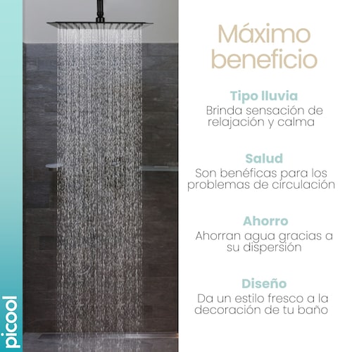 Regadera Cuadrada Tipo Lluvia Negro Mate Con Tubo 40 Cm