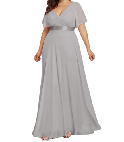 Vestido Elegante de Fiesta Largo Gris para Mujer Manga Ancha Cuello V  T Ch a Talla Extra