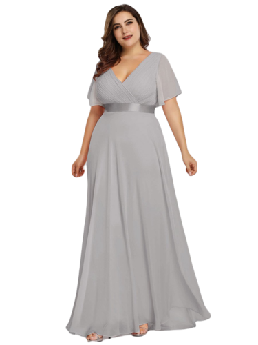 Vestido Elegante de Fiesta Largo Gris para Mujer Manga Ancha Cuello V  T Ch a Talla Extra